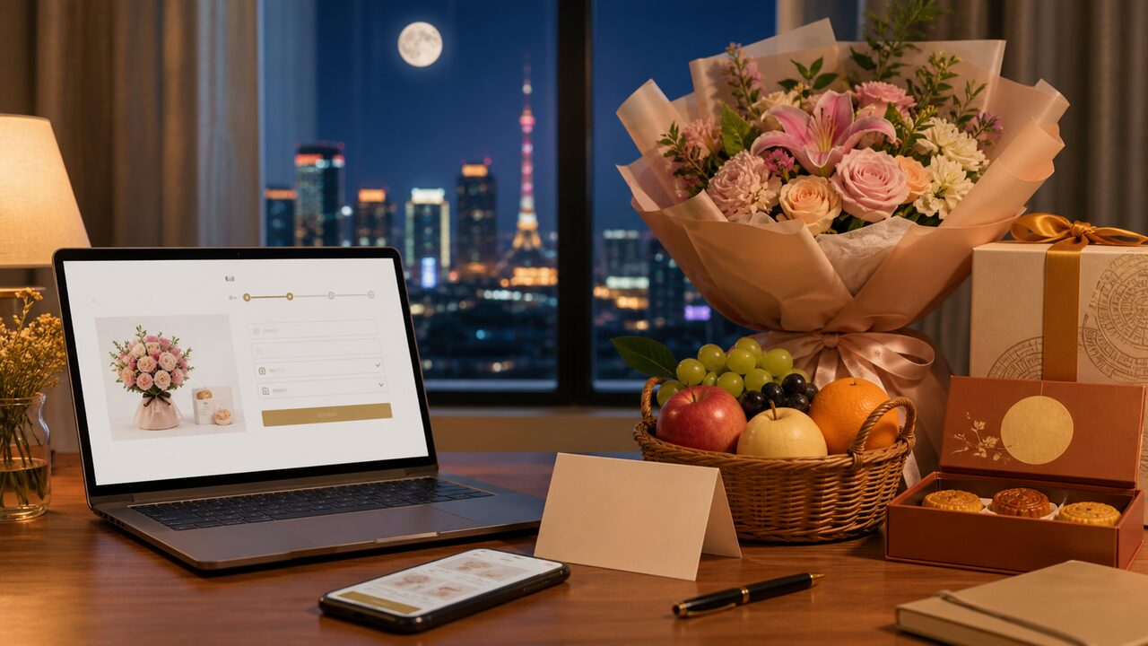 Ordering a Mid-Autumn gift to China from overseas Ordering a Mid-Autumn gift to China from overseas with flowers fruit basket and gift box ready for local delivery