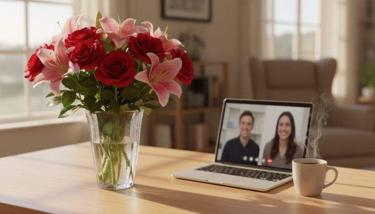 Fresh roses and lilies in a glass vase on a wooden desk with a laptop, symbolizing long-distance romance
