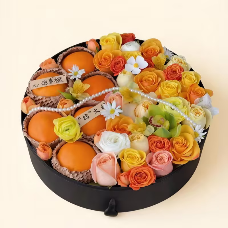 Orange Bloom Round Flower & Fruit Gift Box | Premium Festive Gift