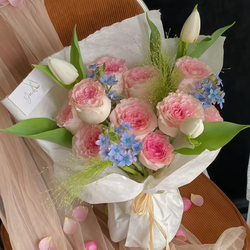 13 Pink Roses & White Tulips Bouquet - Spring Breeze