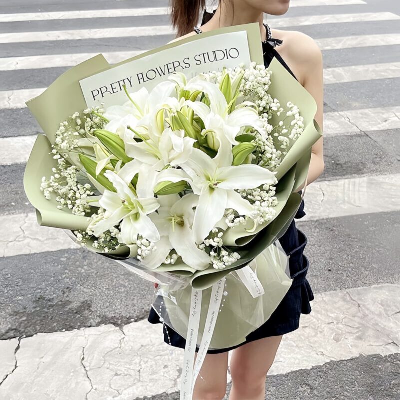 11 White Lilies & Baby's Breath Bouquet - Tender Moments