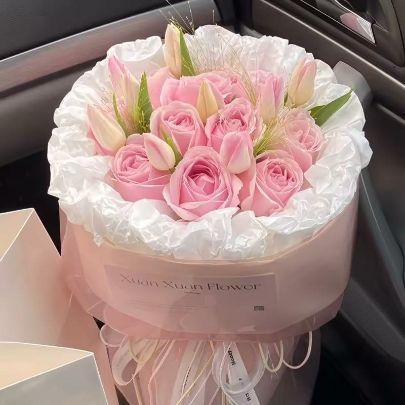 11 Pink Roses & 9 Pink Tulips Bouquet - Sweet Peach