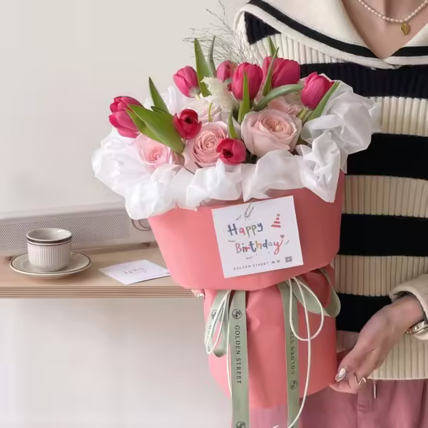 7 Pink Roses & 9 Magenta Tulips Bouquet - Endless Romance
