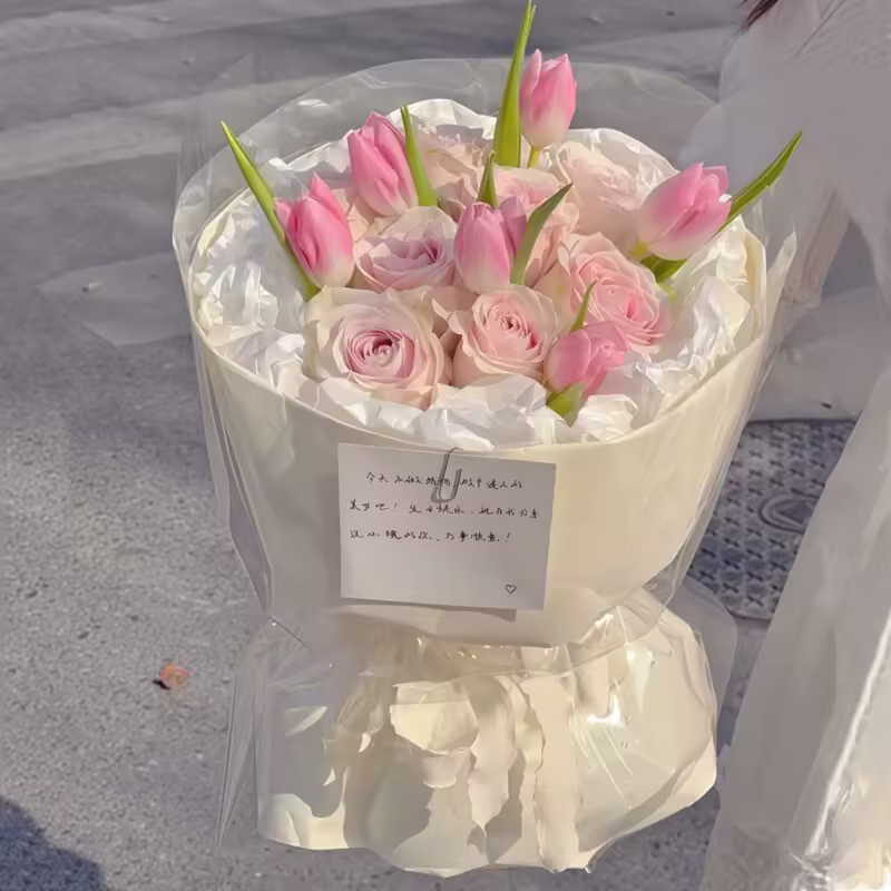 9 Pink Roses & 6 Pink Tulips Bouquet - Sweet Tea Romance