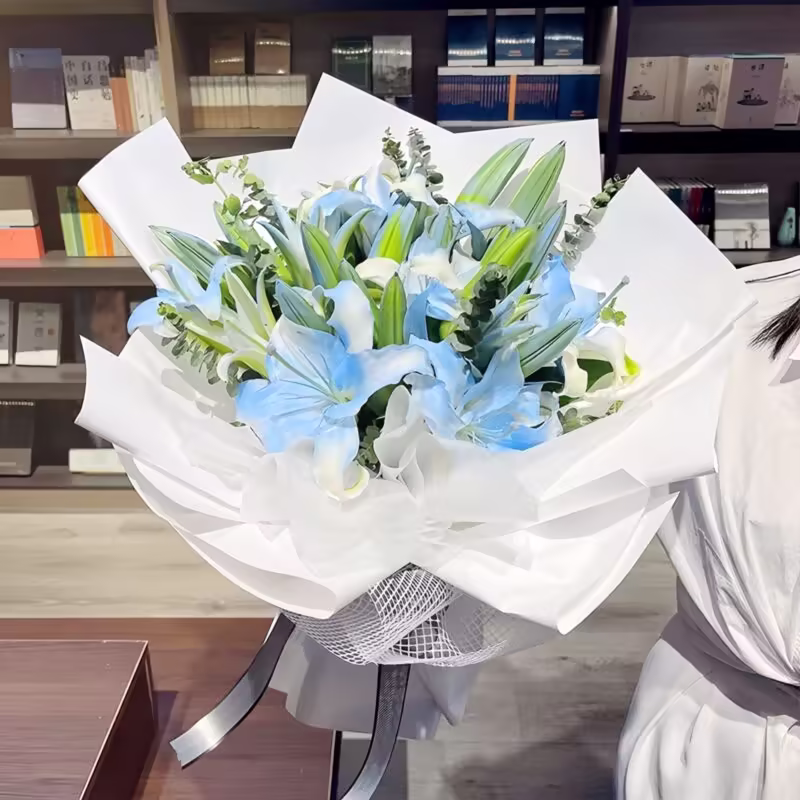 19 Ice Blue Lilies Bouquet - Ocean Romance