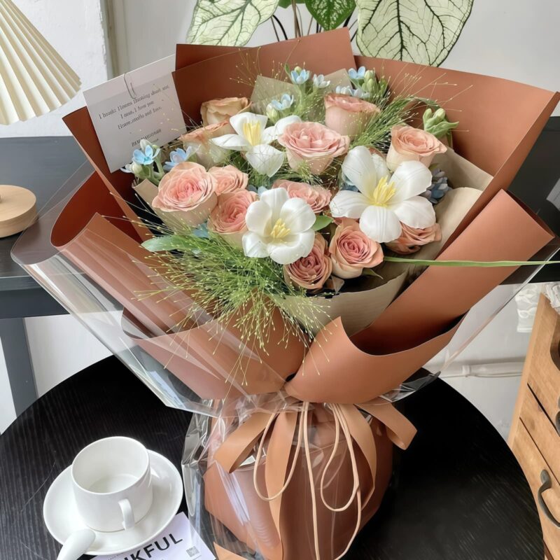 11 Cappuccino Roses & 3 White Tulips Bouquet - Sparks Fly