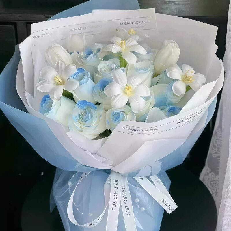 11 Ice Blue Roses & 8 White Tulips Bouquet - Pure Elegance