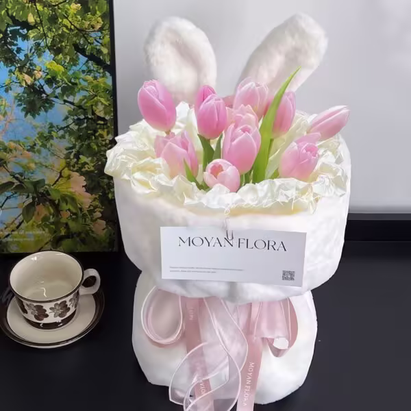 10 Pink Tulips Bunny Ears Bouquet - Purely Adorable