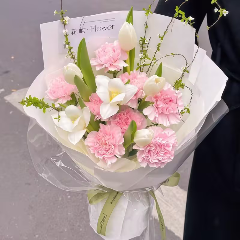 15 Pink Carnations & White Tulips Bouquet - Pure Grace