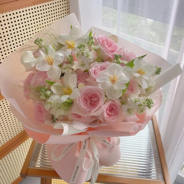 11 Pink Roses & Tulips Mixed Bouquet - Elegant Whisper