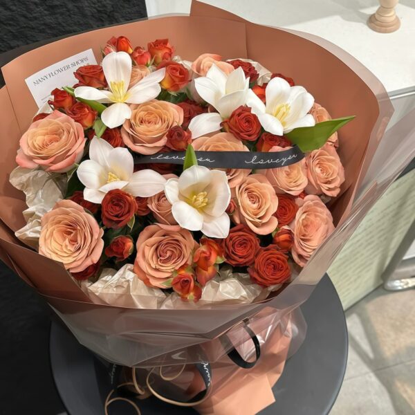 18 Cappuccino Roses & Tulips Bouquet - Shared Romance