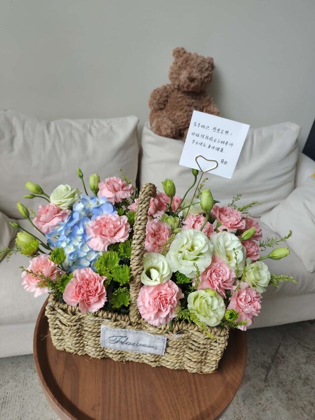 Cesto con 16 Garofani e 1 Ortensia - Profonda Gratitudine real bouquet photo