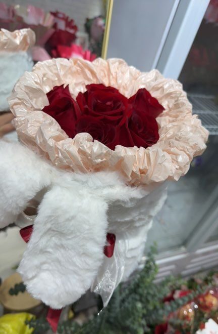 Bouquet di 7 Rose Rosse con Lagurus Ovatus - Rubino Giocoso real bouquet photo