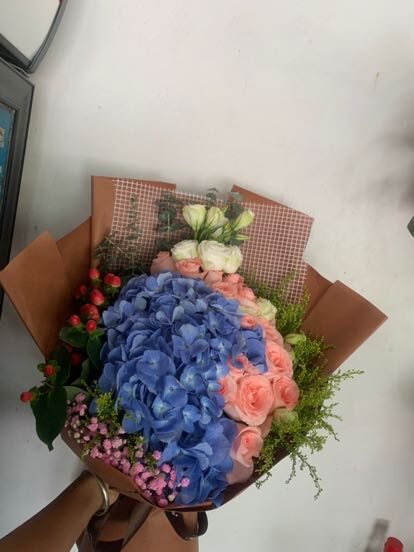 19 Rose Rosa e Ortensia Blu: Legame Armonioso real bouquet photo