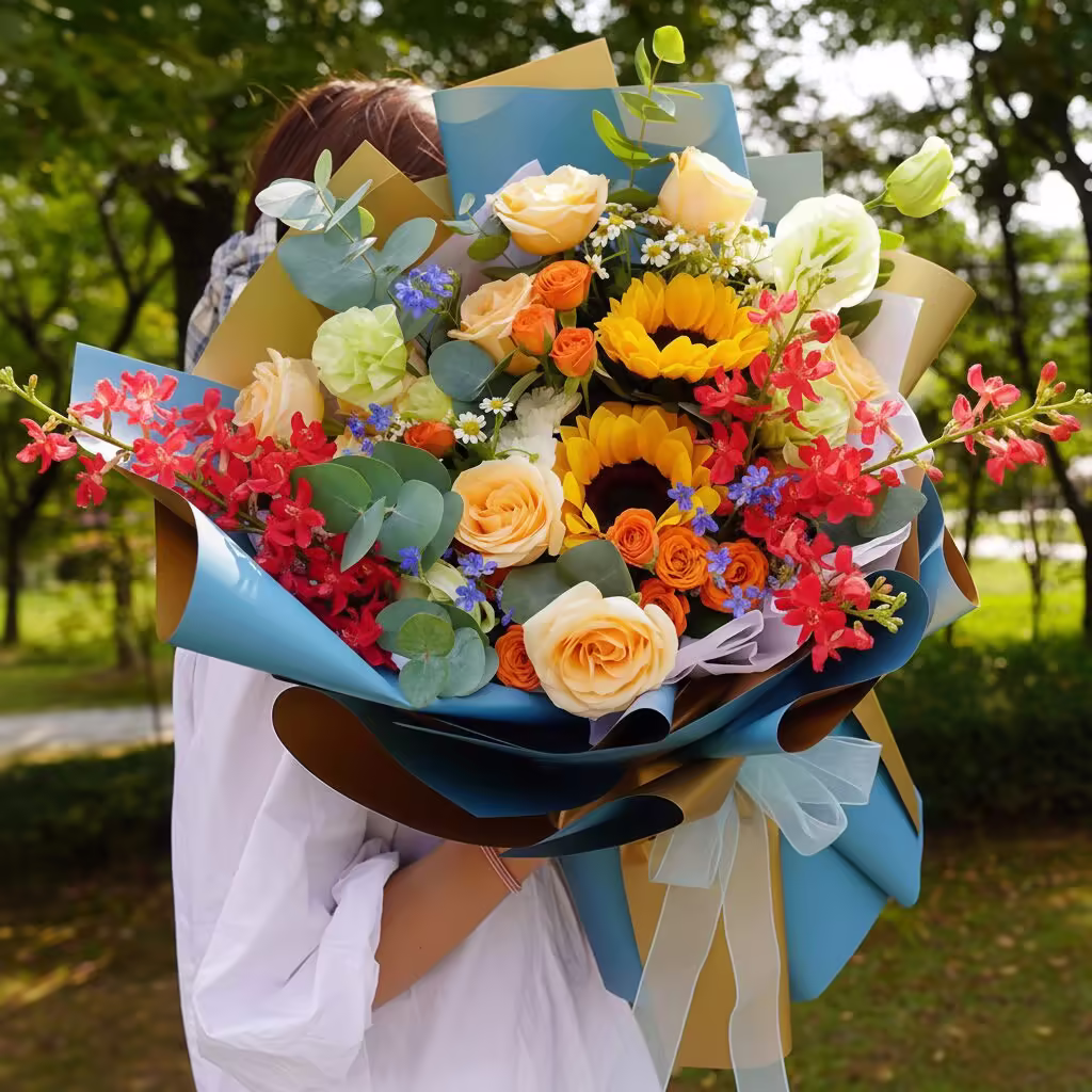 Custom flower arrangement for China delivery: I want a touch of vivid color red vine small flowers now same but a violet blue more little ones flowers