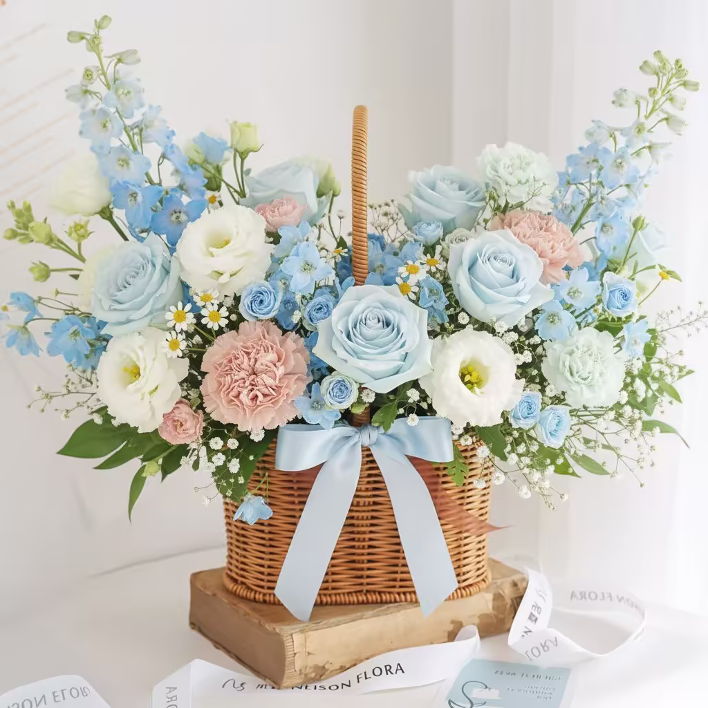 Custom flower arrangement for China delivery: change the orange flowers with soft blue flowers and put a blue ribbon on the basket handle