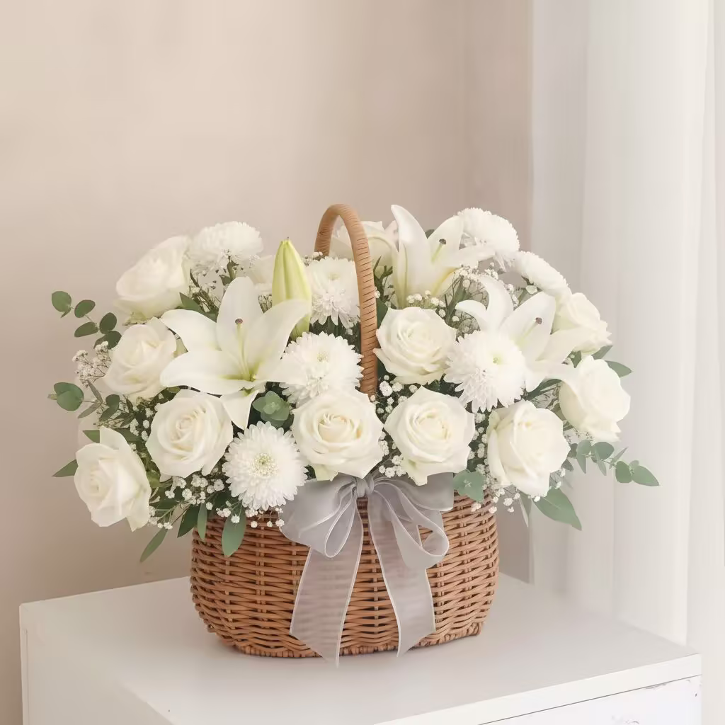 Custom flower arrangement for China delivery: 花篮不变，改成葬礼用的白色系花