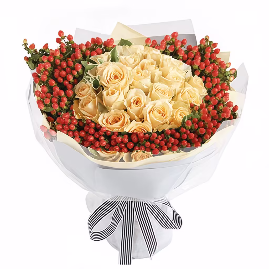 Custom flower arrangement for China delivery: Could you add more berries for contrast?